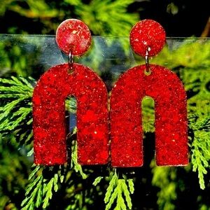 Red Glitter U shaped Earrings